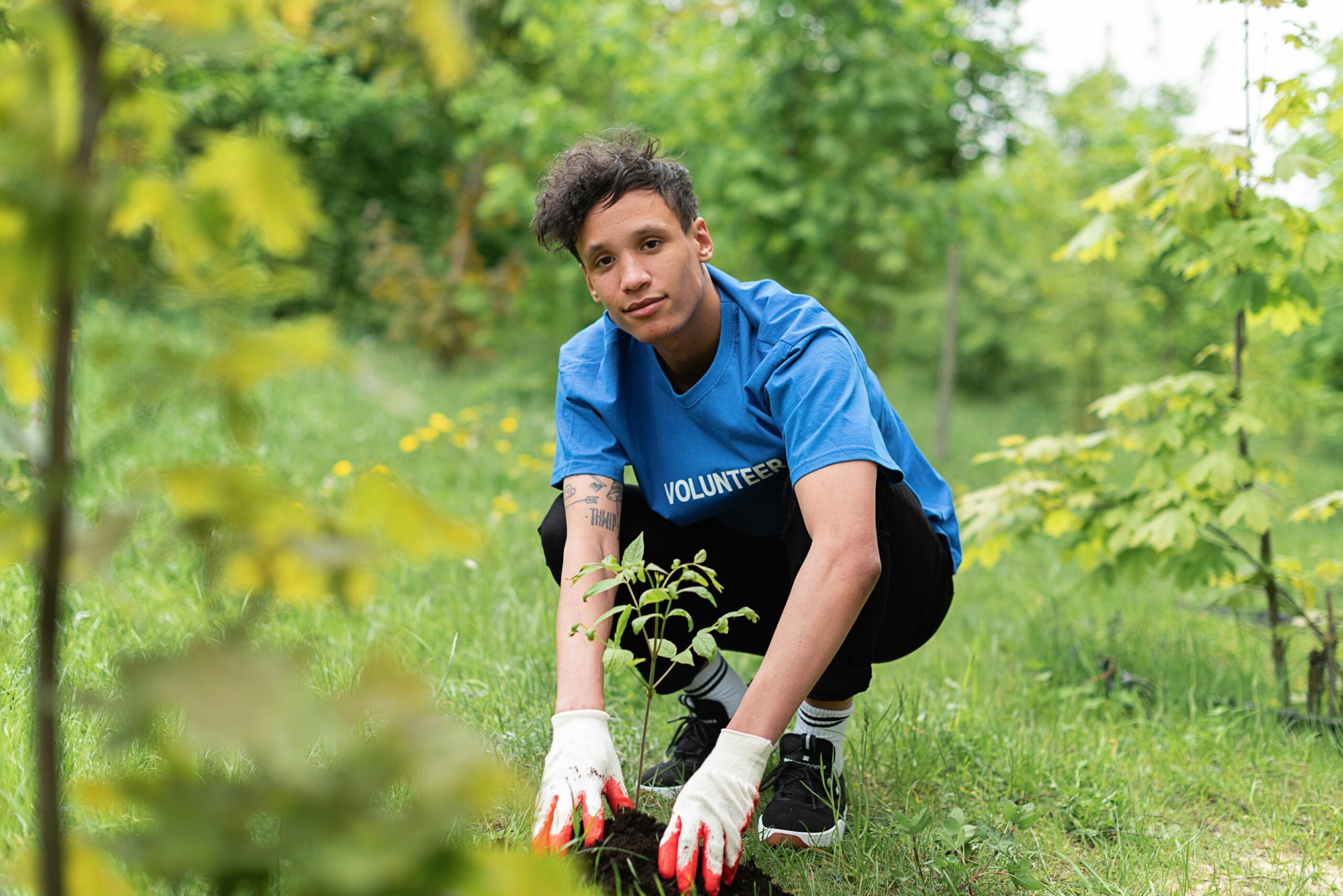 Junger Freiwilliger pflanzt einen Baum - symbolische Spende als sinnvolles nachhaltiges Geschenk mit positiver Umweltwirkung
