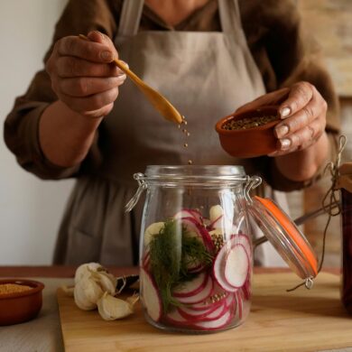 andwerkliche Fermentation: Person in Schürze gibt Gewürze zu geschnittenem Radieschen und Dill in Einmachglas, umgeben von fermentierten Produkten in nachhaltigen Gläsern